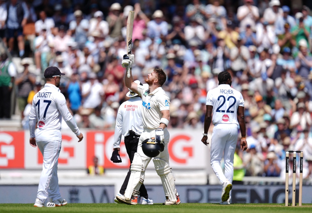 New Zealand’s Glenn Phillips celebrates his first Test century (PA Wire)