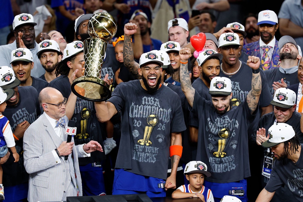 The New York Knicks celebrate with the Larry O'Brien Championship Trophy after their victory against the San Antonio Spurs in Game Five of the 2026 NBA Finals (Getty Images)