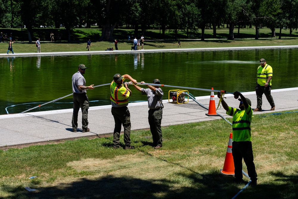 President Donald Trump’s $14 million pet project to resurface the 2,000-foot pool, which was supposed to make the water appear an ‘American flag blue,’ has turned green after becoming infested with algae just days after completion (Reuters)