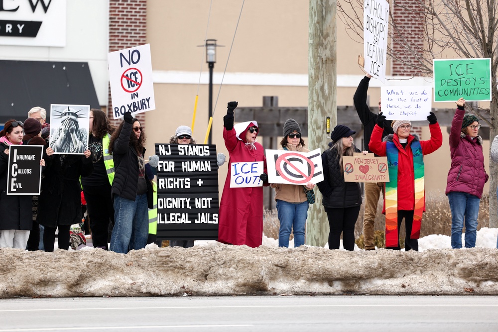 The warehouses were purchased after ICE was given a massive injection of taxpayer funds through Trump’s One Big Beautiful Act domestic spending bill last year. Protesters have gathered outside the warehouses in opposition of the plans (AFP via Getty Images)