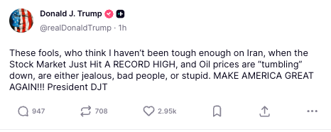 Donald Trump bats off criticism of his Iran framework deal (Truth Social)