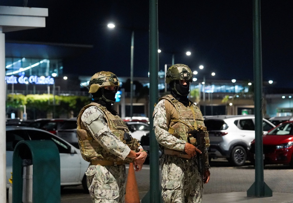 Members of Ecuador's Armed Forces stand near the site of an armed attack at Jose Joaquin de Olmedo International Airport, where authorities said at least one person was killed and another injured, in Guayaquil, Ecuador, June 17, 2026. (Reuters)