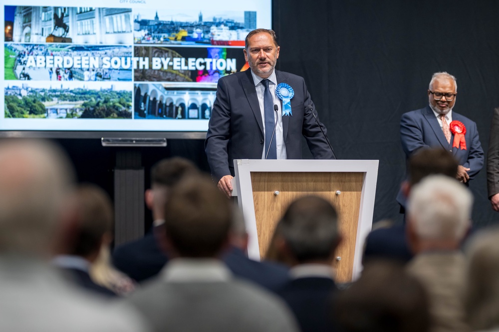 Douglas Lumsden gives a speech after winning the Aberdeen South by-election (Michal Wachucik/PA) (PA Wire)