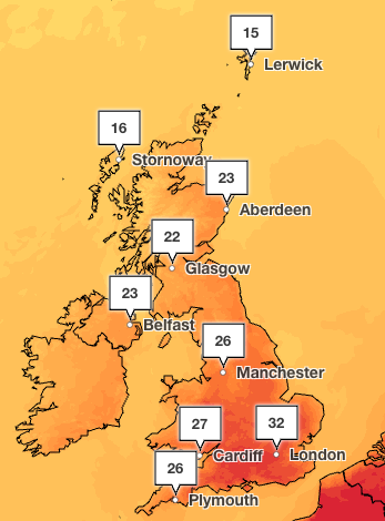 The south east of England will see peak temperatures in the thirties on Monday and Tuesday (Met Office)