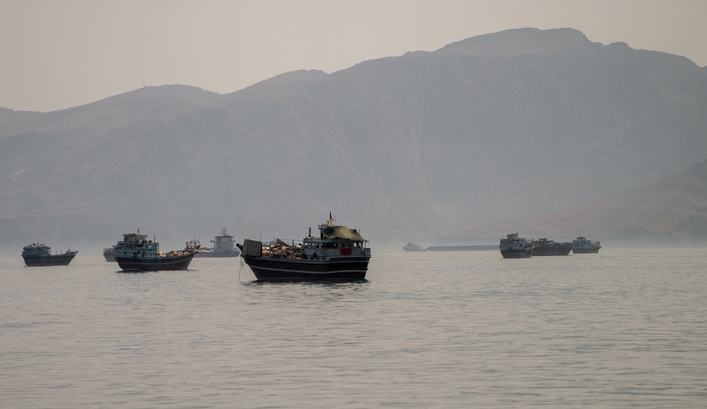 Vessels are anchored in the Strait of Hormuz, as seen from Musandam, Oman (Reuters)