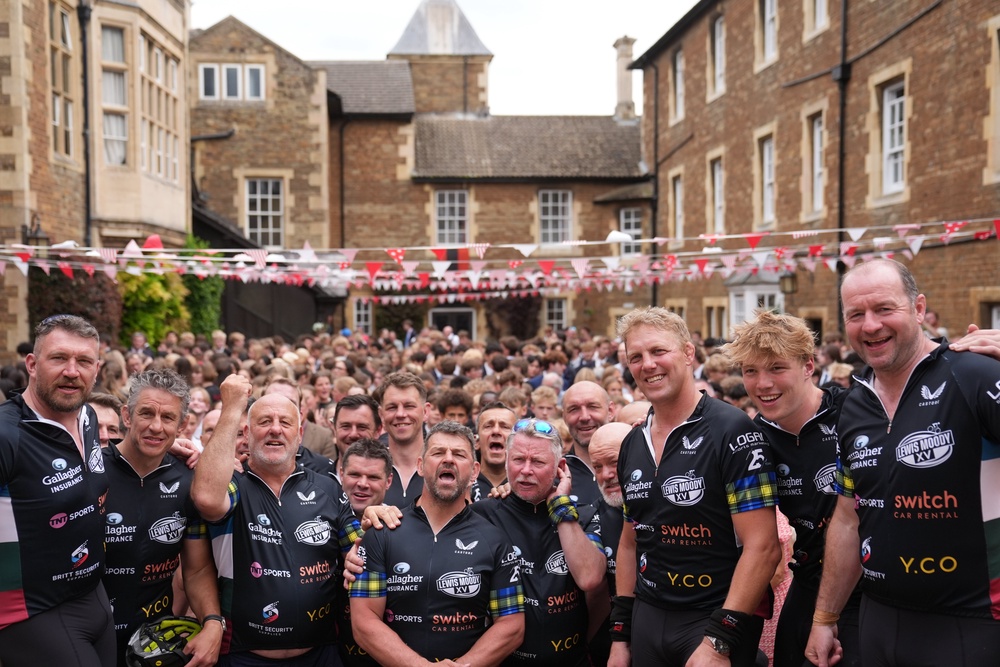 Lewis Moody, third right, and his support team made an emotional return to his former school, Oakham School, in Rutland earlier in the week (Joe Giddens/PA) (PA Wire)