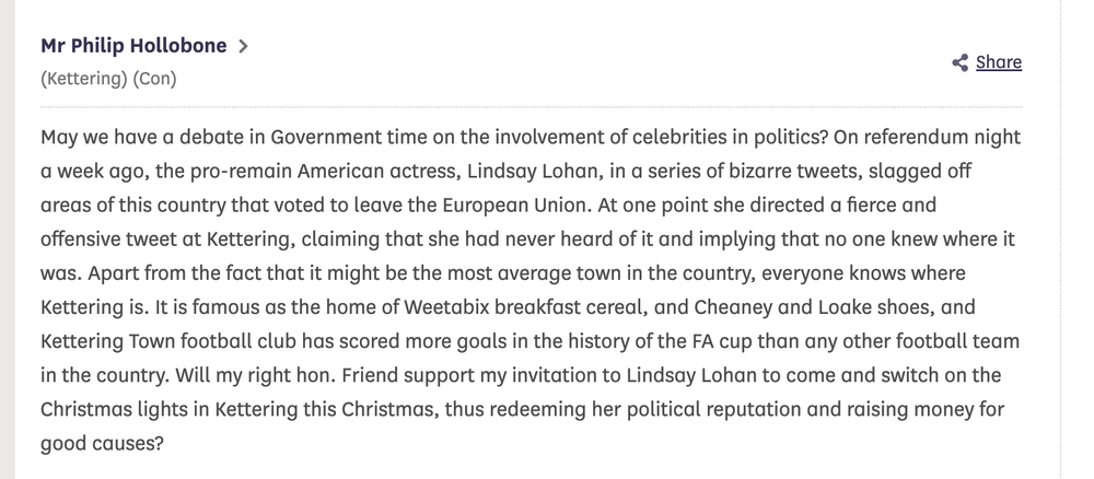 Lindsay Lohan's referendum-night tweets get an honorable mention in the House of Commons (House of Commons)