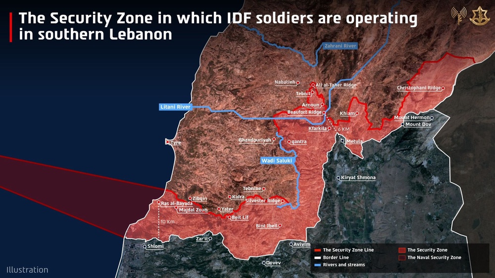 The IDF shared an updated ‘buffer zone’ in Lebanon, saying it is operating 10km inside Lebanese territory ‘due to operational requirements’ (IDF/X)