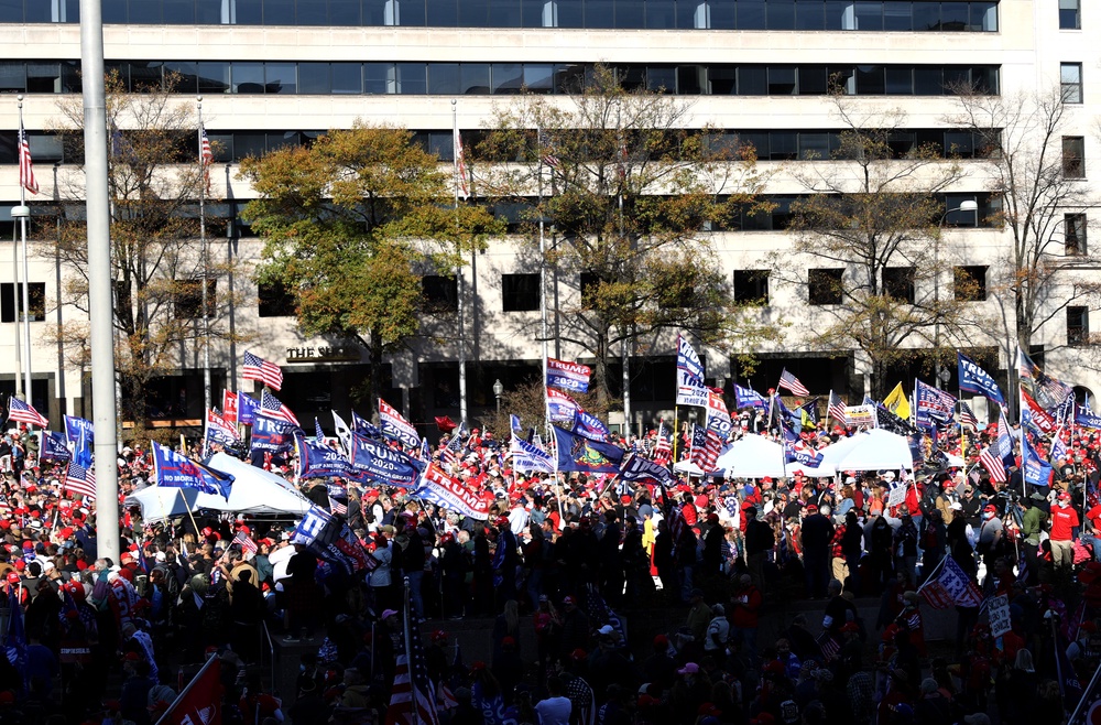 Pro-Trump protesters march through Washington, D.C., in 2020. Critics have warned the Manhattan Institute's 'civil terrorism' framework could have a 'chilling' effect on people's willingness to protest (Getty Images)