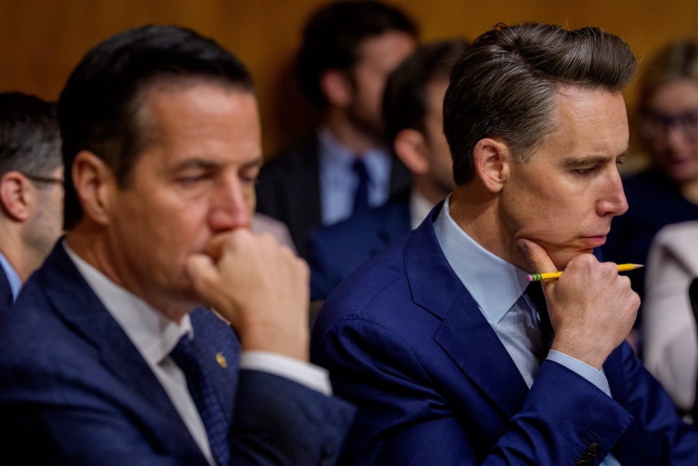 Sen. Bernie Moreno (R-OH) (L) and Sen. Josh Hawley (R-MO) (R) appears during a Senate Homeland Security Committee hearing on Capitol Hill on May 19, 2026 (Getty)
