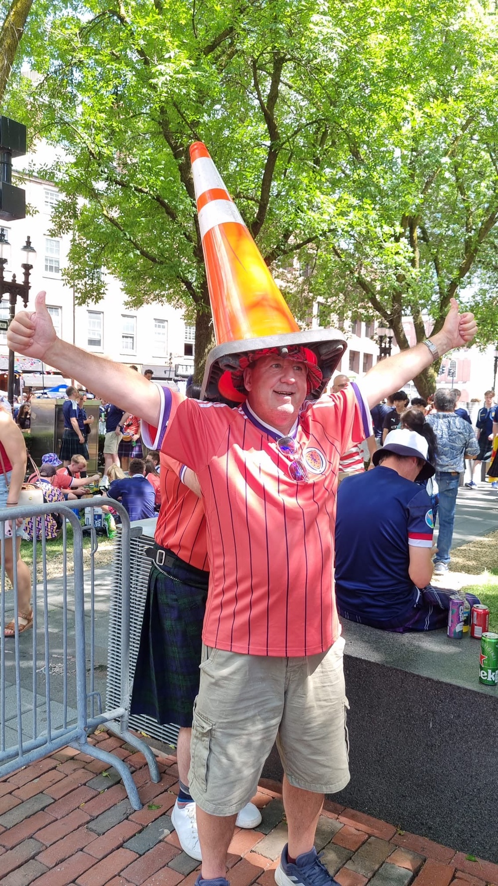 A Scotland fan with a traffic cone on his head in Boston before Friday night’s game (Ryan McDougall/PA).