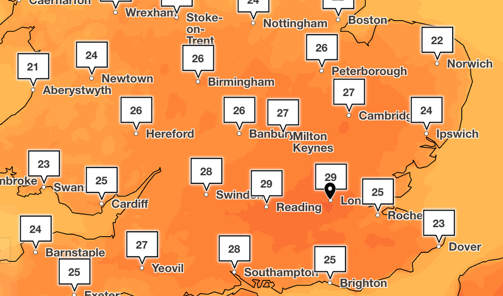 Temperatures will be in the mid to late 20s on Sunday at 4pm, the Met Office predicts (Met Office)
