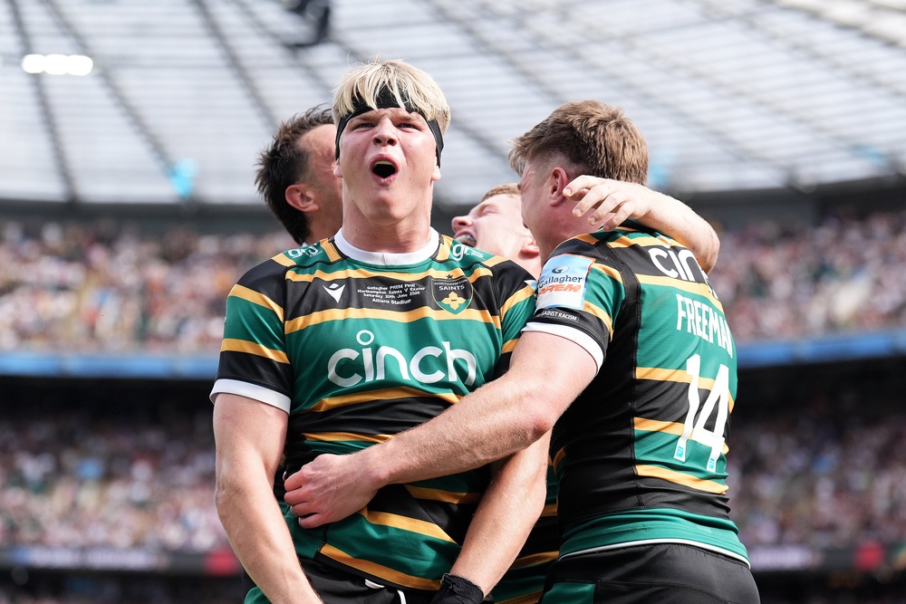 Henry Pollock (centre) and Tommy Freeman (right) celebrate Northampton’s success (Mike Egerton/PA) (PA Wire)