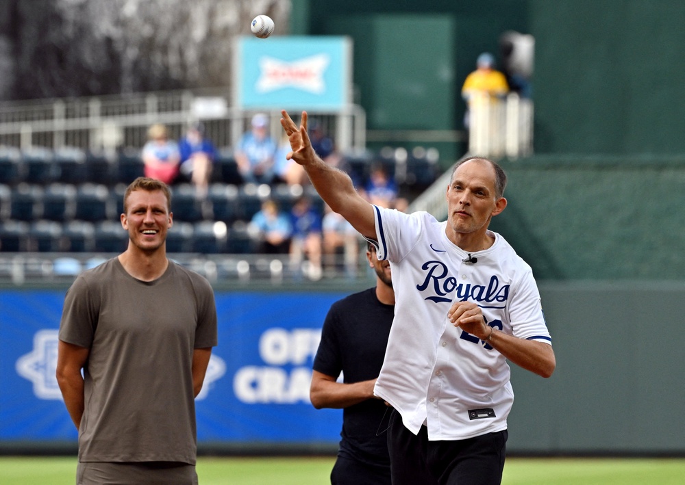 England manager Thomas Tuchel throws a ceremonial first pitch before the game at the St. Louis Cardinals vs Kansas City Royals (Reuters)