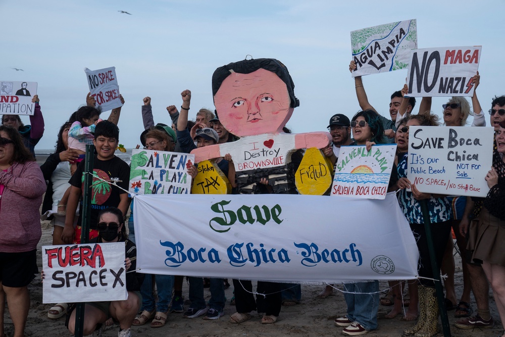 Demonstrators protest against Musk’s plan to incorporate the Boca Chica Village neighborhood, where his SpaceX facilities are located, as Starbase at Boca Chica Beach, during a rally in Brownsville, Texas, on May 3, 2025 (AFP/Getty)