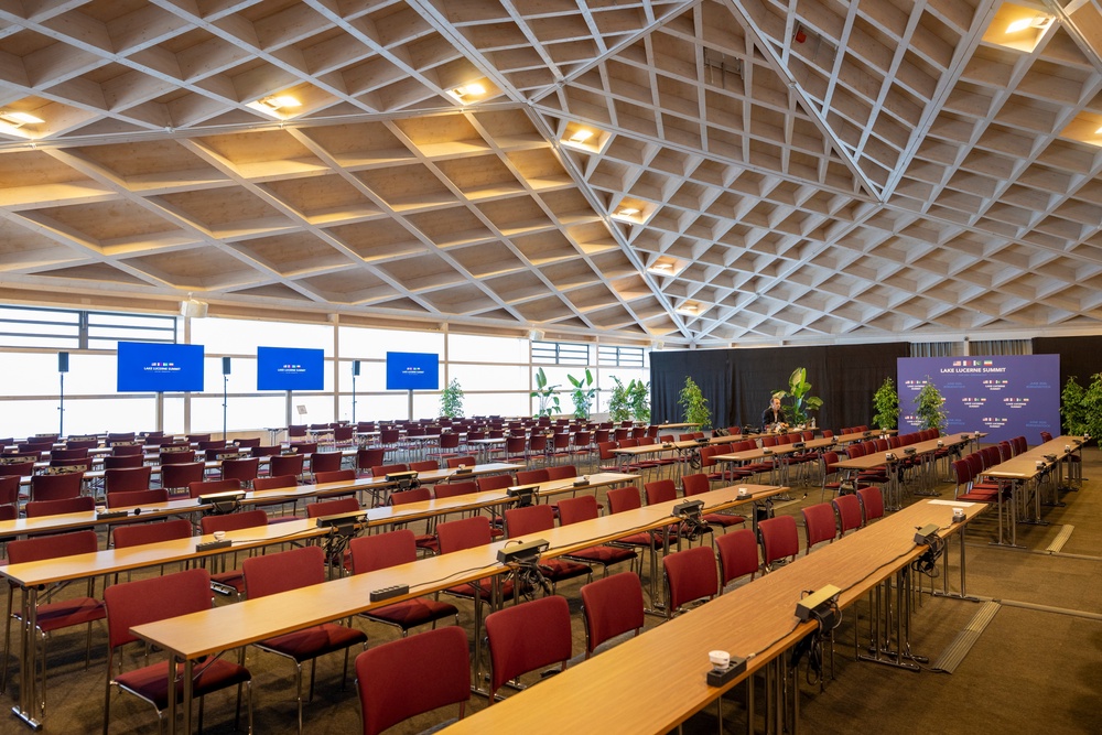 A view of the media center at the Bürgenstock Resort in Obbuergen, near Lucerne, in Switzerland (AP)