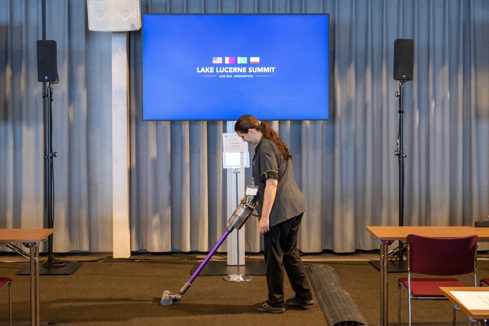 Last preparations for the Lake Lucerne Summit in the Media Centre and Tennis Hall of the Buergenstock resort in Obbuergen, near Lucerne, Switzerland, Sunday, June 21, 2026. (Reuters)