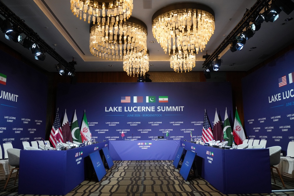 A general view of the meeting room ahead of a quadrilateral meeting between the U.S., Iran, Pakistan, and Qatar at the Lake Lucerne Summit, aimed at advancing a deal to end the Middle East conflict at the Buergenstock Resort, Lake Lucerne on June 21, 2026 near Stansstad, Switzerland. (Getty)