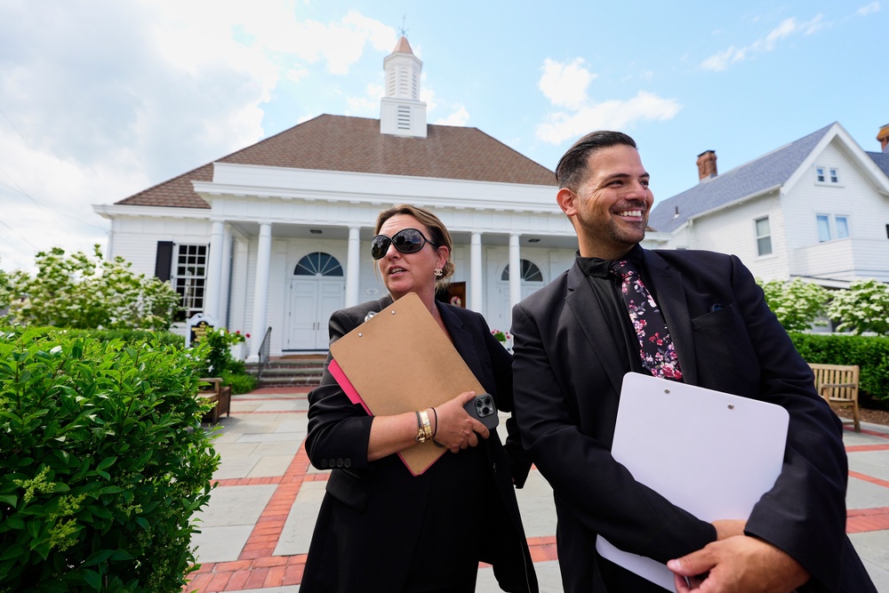 Wedding planners Nicole Simeral and Carlo Monti oversee a wedding at the Watch Hill Chapel, near Taylor Swift's house (AP)