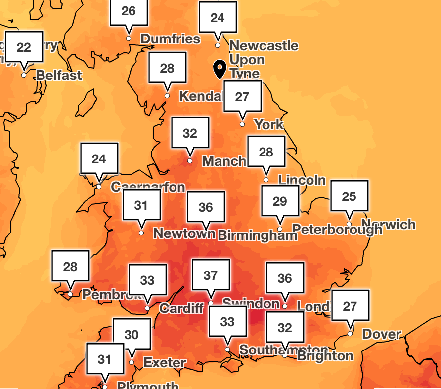 Temperatures predicted at 7pm on Wednesday evening (Met Office)