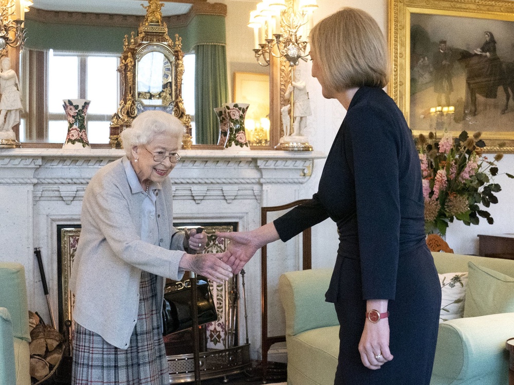 Queen Elizabeth II welcomes Liz Truss during an audience at Balmoral where she invited her to become prime minister and form a new government in 2022 (Jane Barlow/PA) (PA Archive)