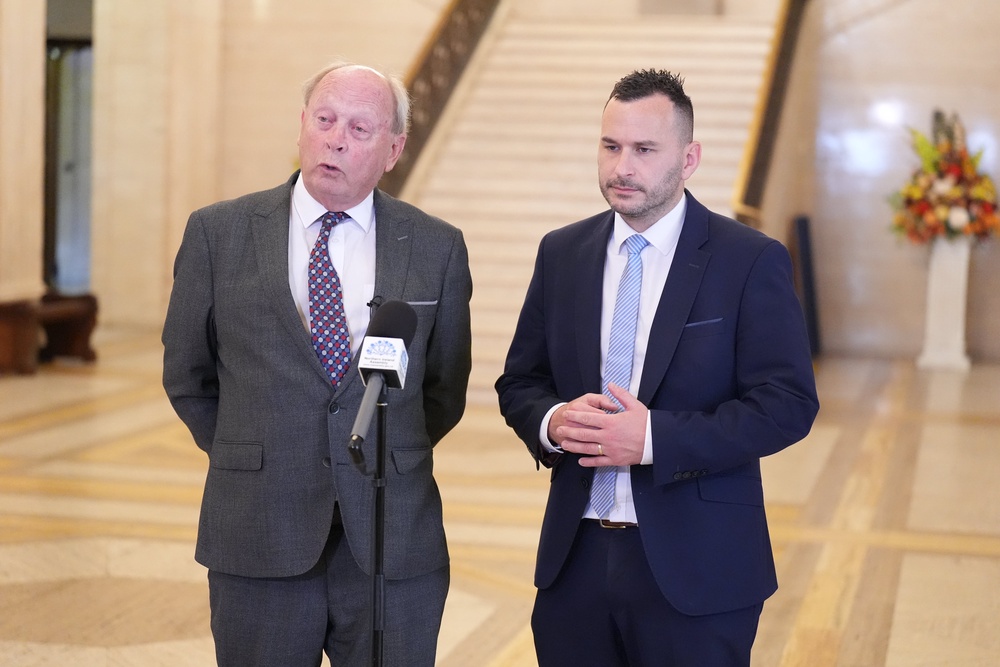 TUV leader and MP for North Antrim Jim Allister, left, and TUV MLA Timothy Gaston during a press conference in the Great Hall in Stormont, Belfast, on Monday (Niall Carson/PA) (PA Wire)