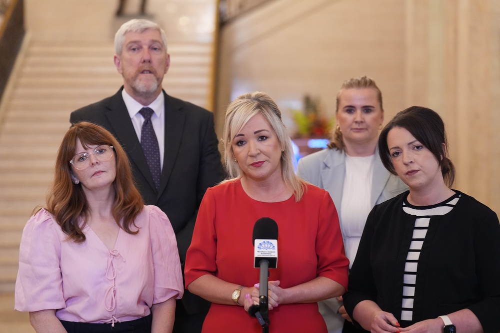 Economy Minister Caoimhe Archibald, Finance Minister John O’Dowd, Stormont First Minister Michelle O’Neill, Junior Minister (Executive Office) Aisling Reilly and Infrastructure Minister Liz Kimmins during a press conference in the Great Hall in Stormont, Belfast (Niall Carson/PA) (PA Wire)
