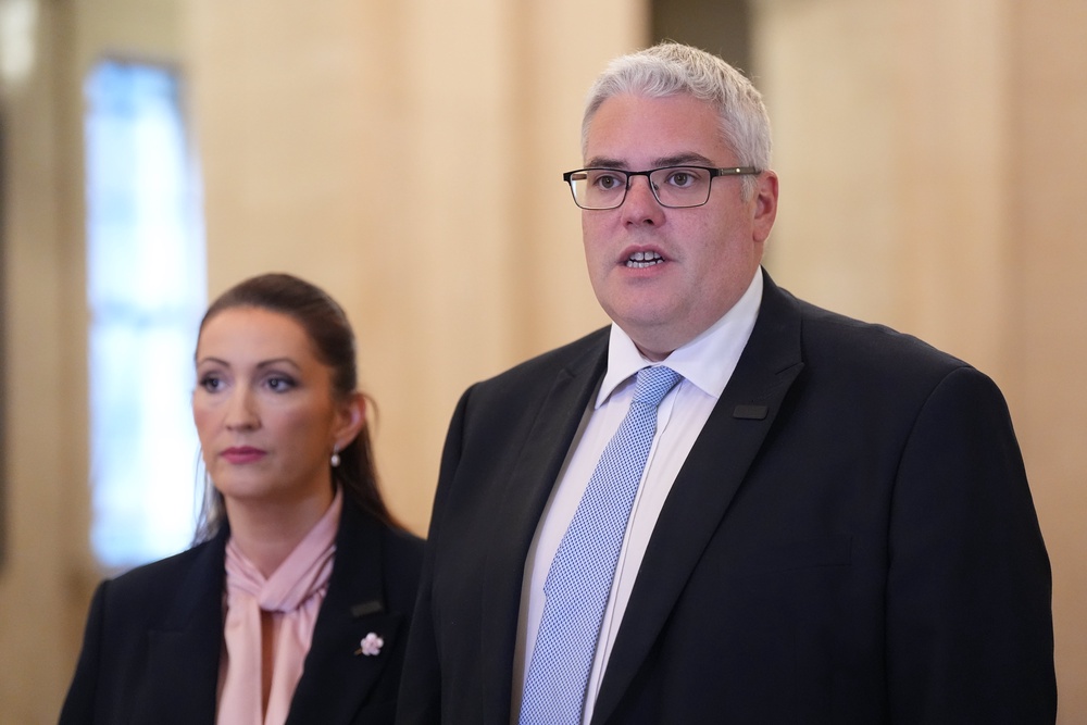 Deputy First Minister Emma Little-Pengelly and DUP leader Gavin Robinson during a press conference in the Great Hall in Stormont, Belfast, on Monday (Niall Carson/PA) (PA Wire)