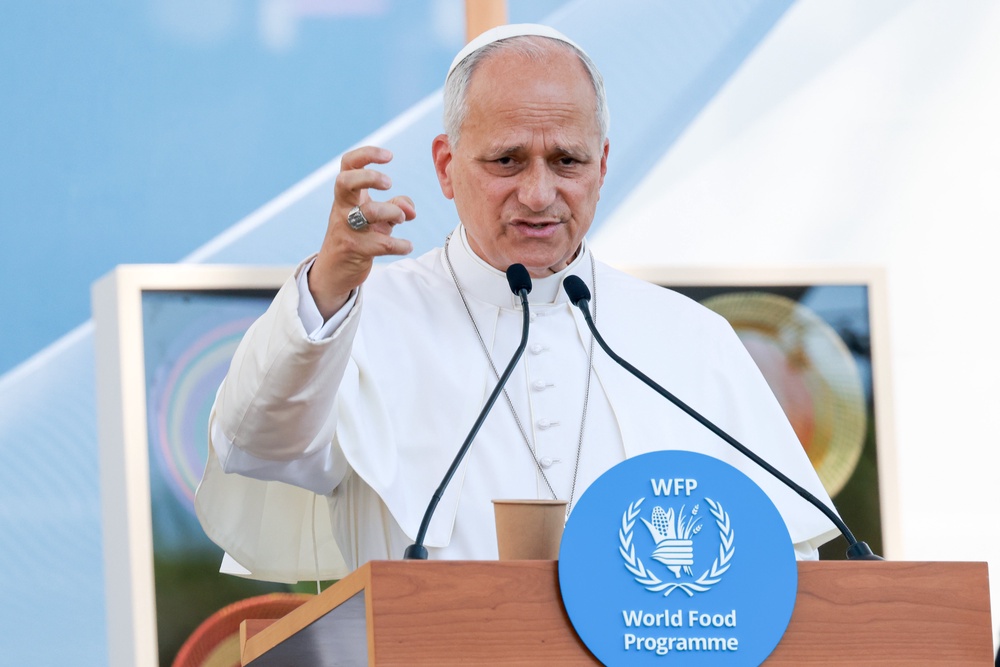 Pope Leo XIV holds his speech during a visit to the UN World Food Programme headquarters (Getty)