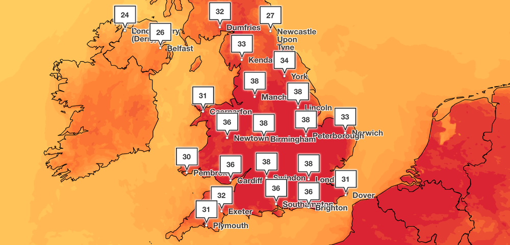 Current Met Office UK temperature forecast for 16:00 on Thursday 25 June (Met Office)