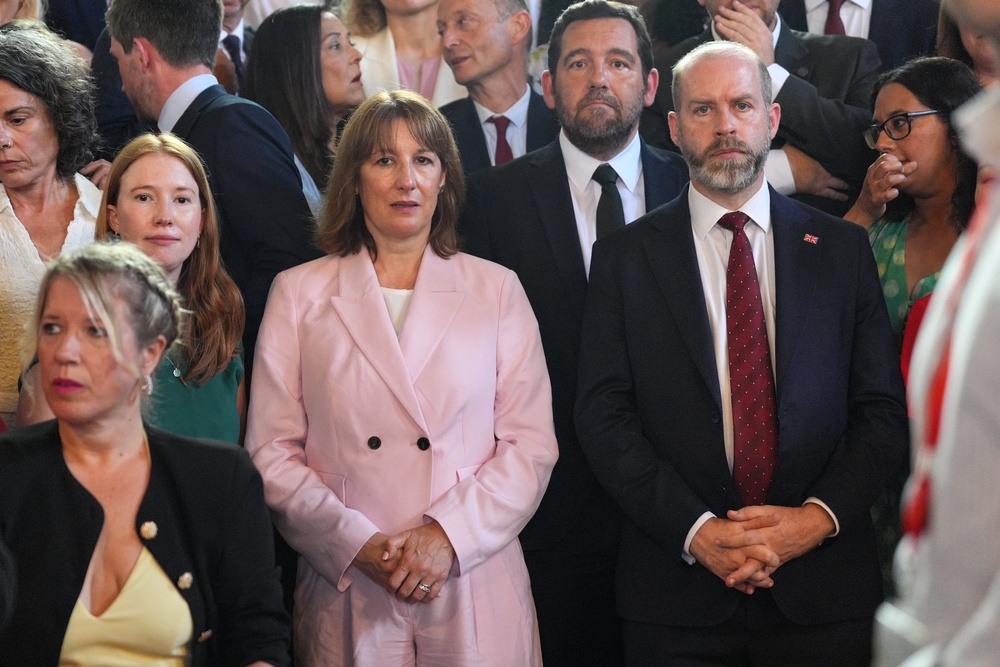Rachel Reeves (centre) and Jonathan Reynolds (right) with colleagues from the Parliamentary Labour Party waiting to welcome Andy Burnham (PA)