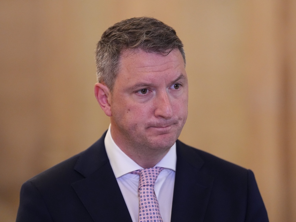 Sinn Féin’s John Finucane speaking to members of the media in the Great Hall in Stormont, Belfast (Niall Carson/PA) (PA Wire)