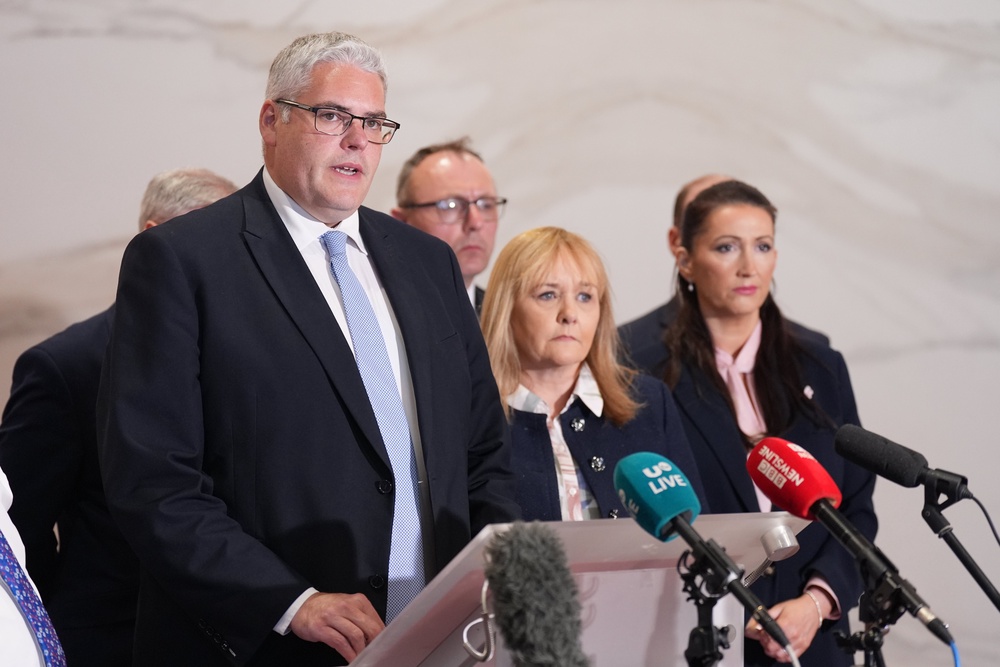 Deputy First Minister Emma Little-Pengelly (right) listens to DUP leader Gavin Robinson, who condemned Jeffrey Donaldson’s ‘vile and manipulative behaviour’ (Niall Carson/PA) (PA Wire)