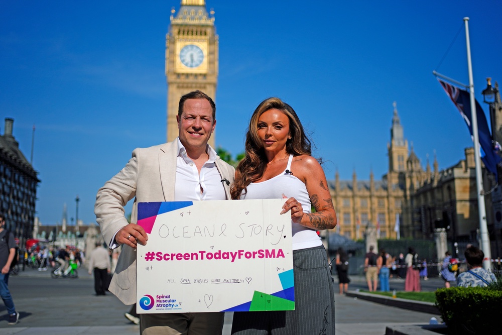 Giles Lomax, CEO for SMA UK and former Little Mix singer Jesy Nelson in Parliament Square, London, ahead of the SMA screening debate at Westminster Hall in London (PA)
