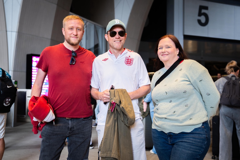 (Left to right) Joe Bernacki, 43, Matty Peacock ,52, and Helen Bernacki, 38, will take part in the American tradition of tailgating before the game to avoid the train costs (James Manning/PA) (PA Wire)