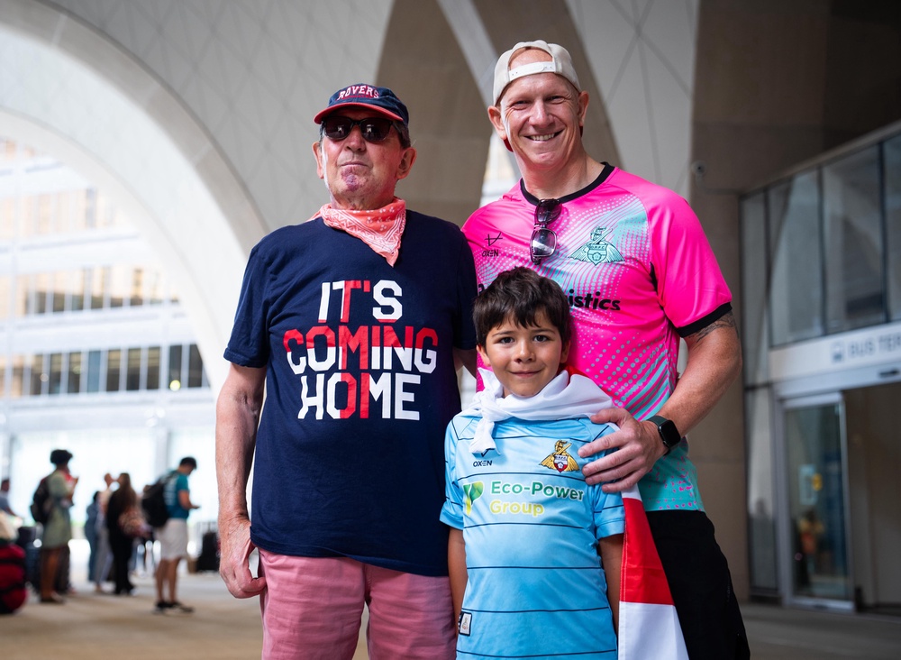 (Left to right) Paul Womack, 81, Joey Womack, seven, and Jordan Womack, 45, will park at the Gillette Stadium for about 180 dollars (James Manning/PA) (PA Wire)