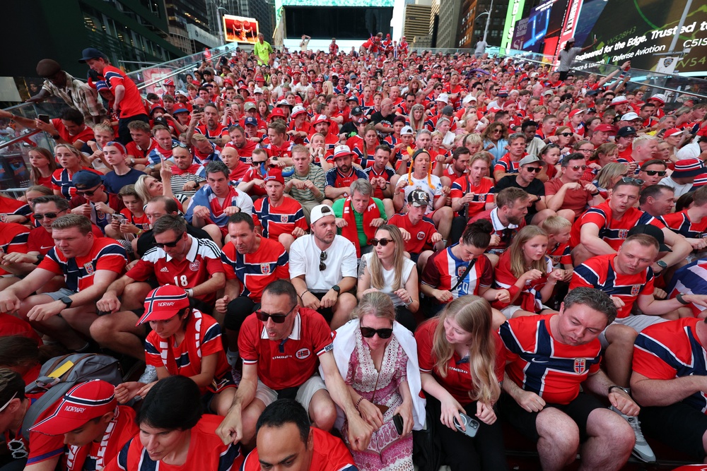 Norway fans took their iconic Viking Row to New York City's Times Square (Reuters)