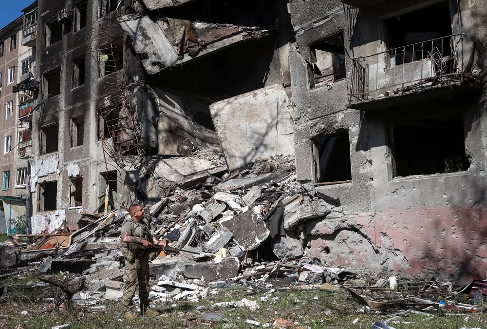 The frontline town of Druzhkivka, in Donetsk region, Ukraine, on Monday (Reuters)