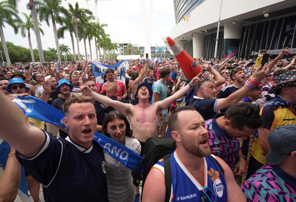 Scotland fans outside LoanDepot Park after marching to the stadium for the Miami Marlins Major League Baseball game. (Reuters)