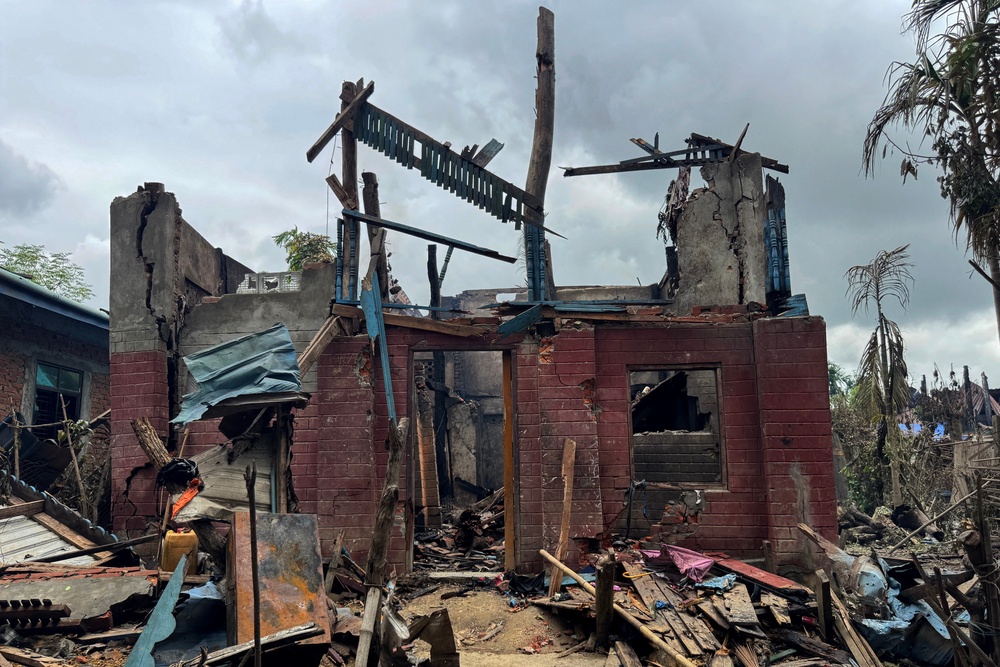 Ruins of a building after an airstrike by Myanmar's military in Kyauktaw, western Rakhine state, on 18 June 2026 (AFP/Getty)