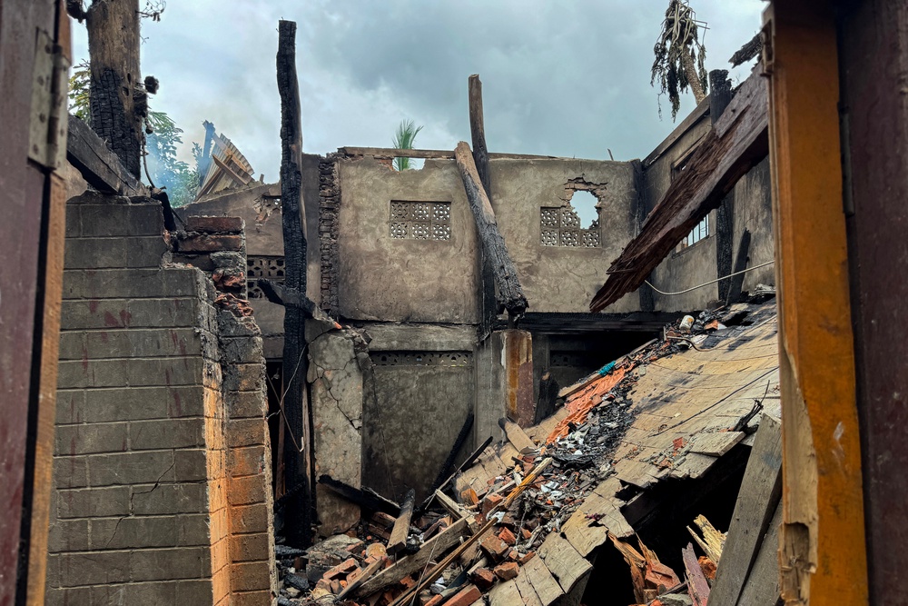Ruins of a building after an airstrike by Myanmar's military in Kyauktaw, western Rakhine state, on 18 June 2026 (AFP/Getty)