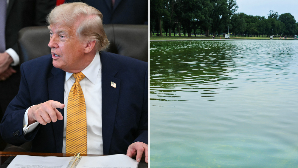 Pritzker responded to Trump by mocking the president’s botched renovation of the Lincoln Memorial Reflecting Pool (right) (AFP/Getty)