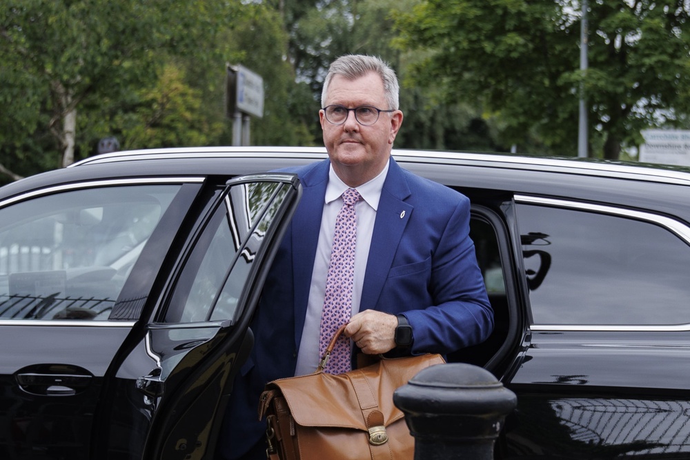 Sir Jeffrey Donaldson arriving at Newry Crown Court on Monday (Liam McBurney/PA) (PA Wire)