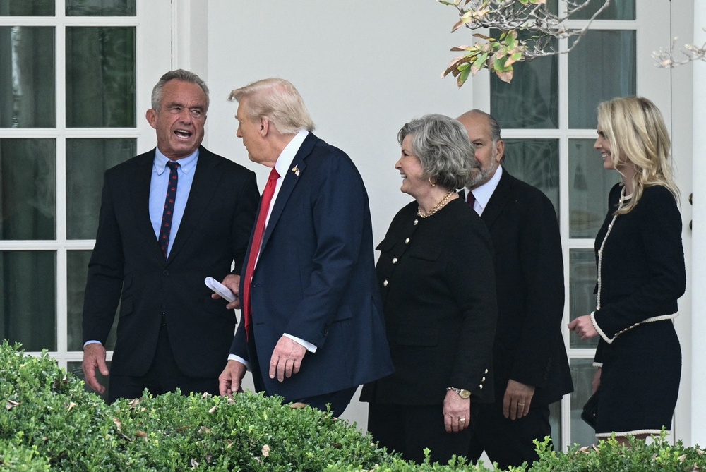 Harp was behind some of Trump’s most controversial Truth Social posts, according to the book. Pictured here, she walks with Trump and other administration officials outside the Oval Office (AFP via Getty Images)