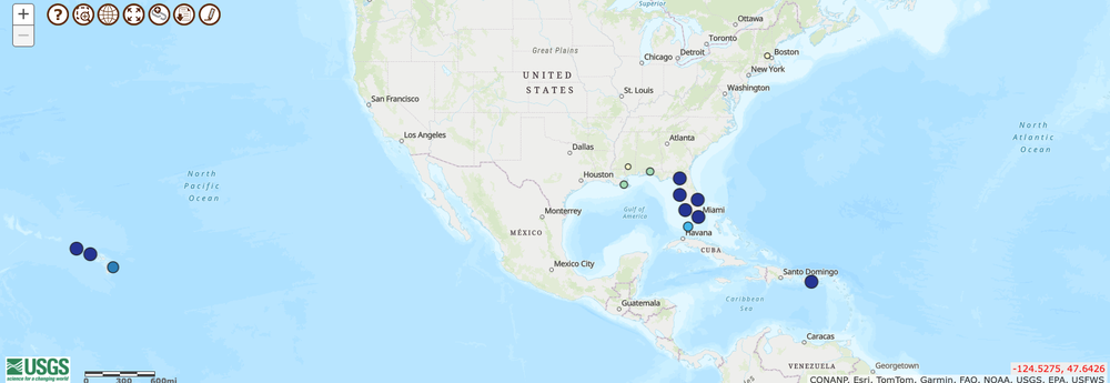 This screenshot of a U.S. Geological Survey map shows where cane toads have been reported in the U.S. (USGS)