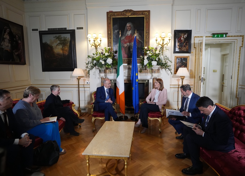 Taoiseach Micheál Martin and President of the European Parliament Roberta Metsola hold a tete-a-tete meeting at Dublin Castle, ahead of Ireland assuming the presidency of the Council of the European Union (Niall Carson/PA) (PA Wire)