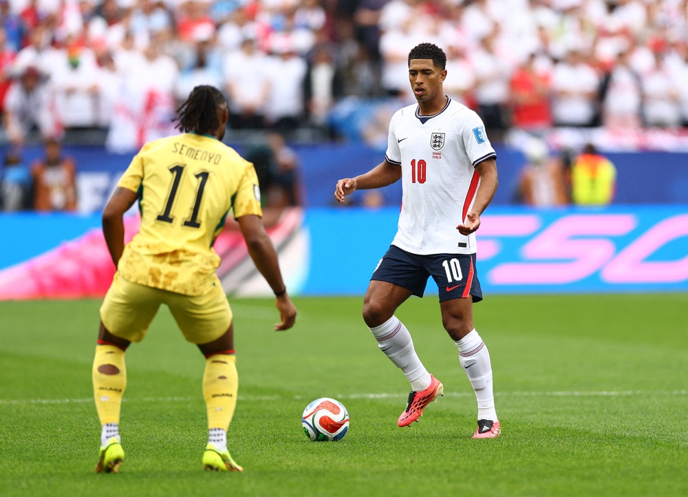 England's Jude Bellingham in action with Ghana's Antoine Semenyo (Reuters)