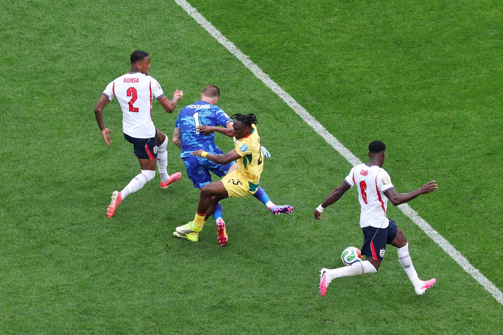 Jordan Pickford collided with Ghana’s Prince Kwabena Adu but escaped a red card (Getty)