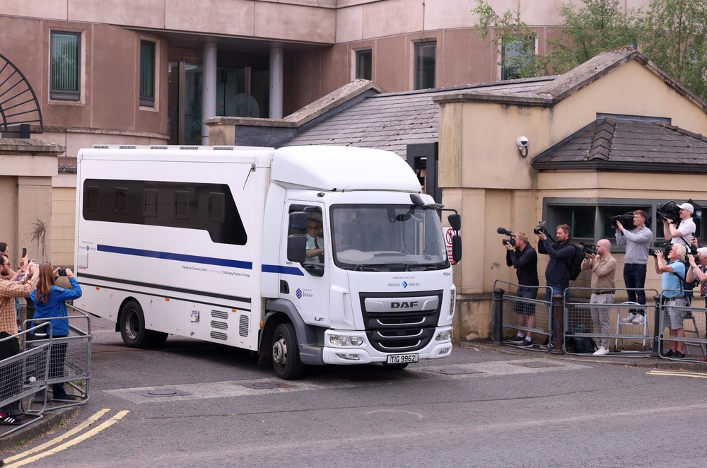 A prison van carrying former DUP leader Sir Jeffrey Donaldson leaves Newry Crown Court on Monday (PA) (PA Wire)