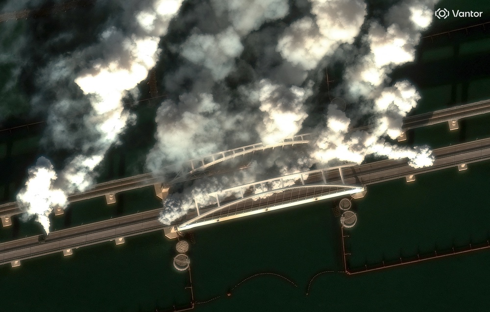 A satellite image shows a smoke screen, designed to prevent Ukrainian attack, rising from Crimea Bridge on 22 June 2026 (Reuters)